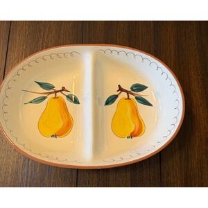 Hand Painted Ceramic Divided Pear Serving Dish Oval Relish Tray Terracotta Rim